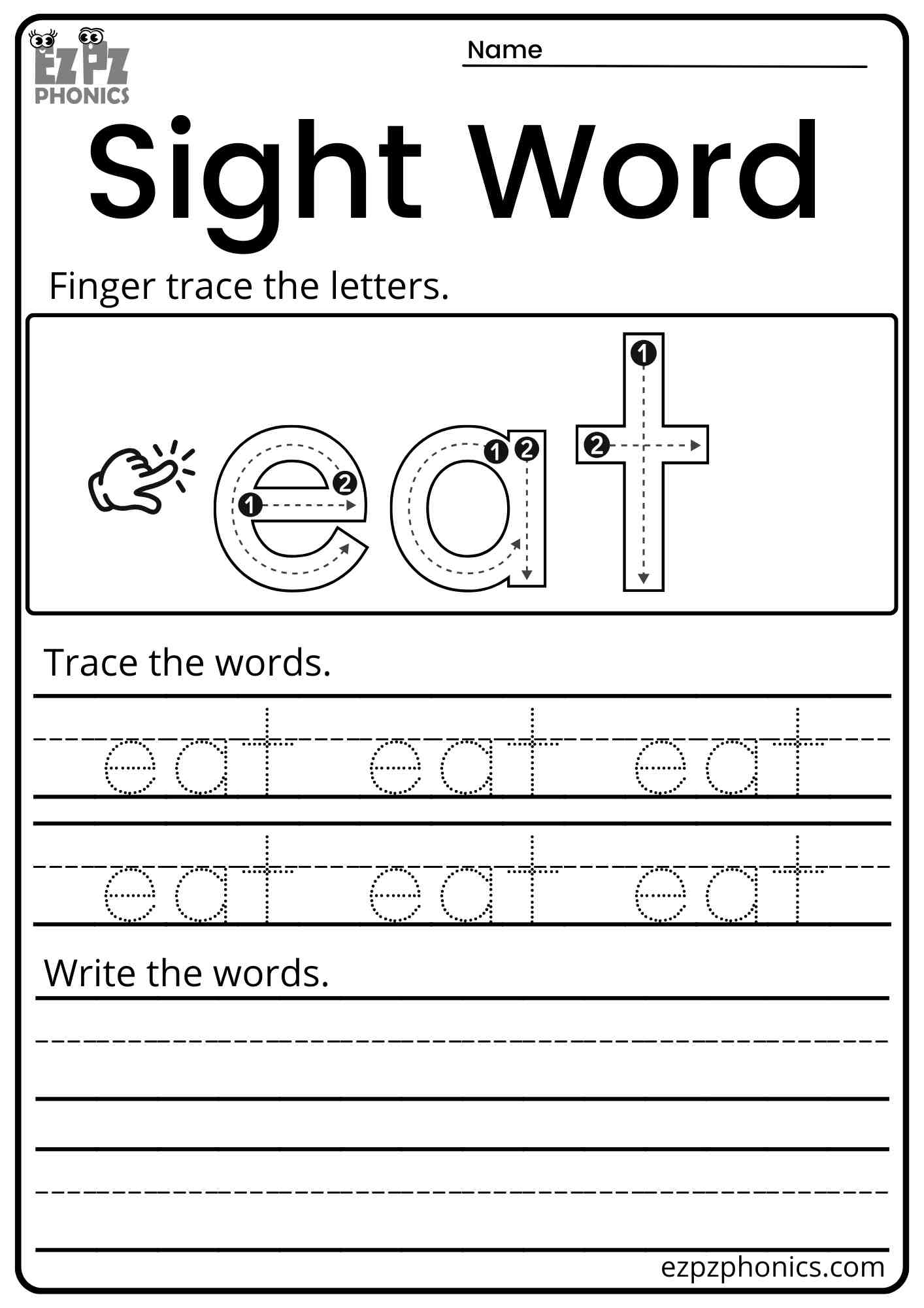 "Eat" Dolch Kindergarten Sight Word Trace and Write Worksheet PDF Download